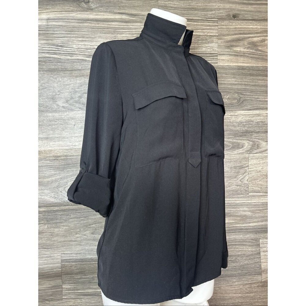 CATHERINE MALANDRINO Button Top Size M Basic Black Collar Roll Tab Sleeve Blouse